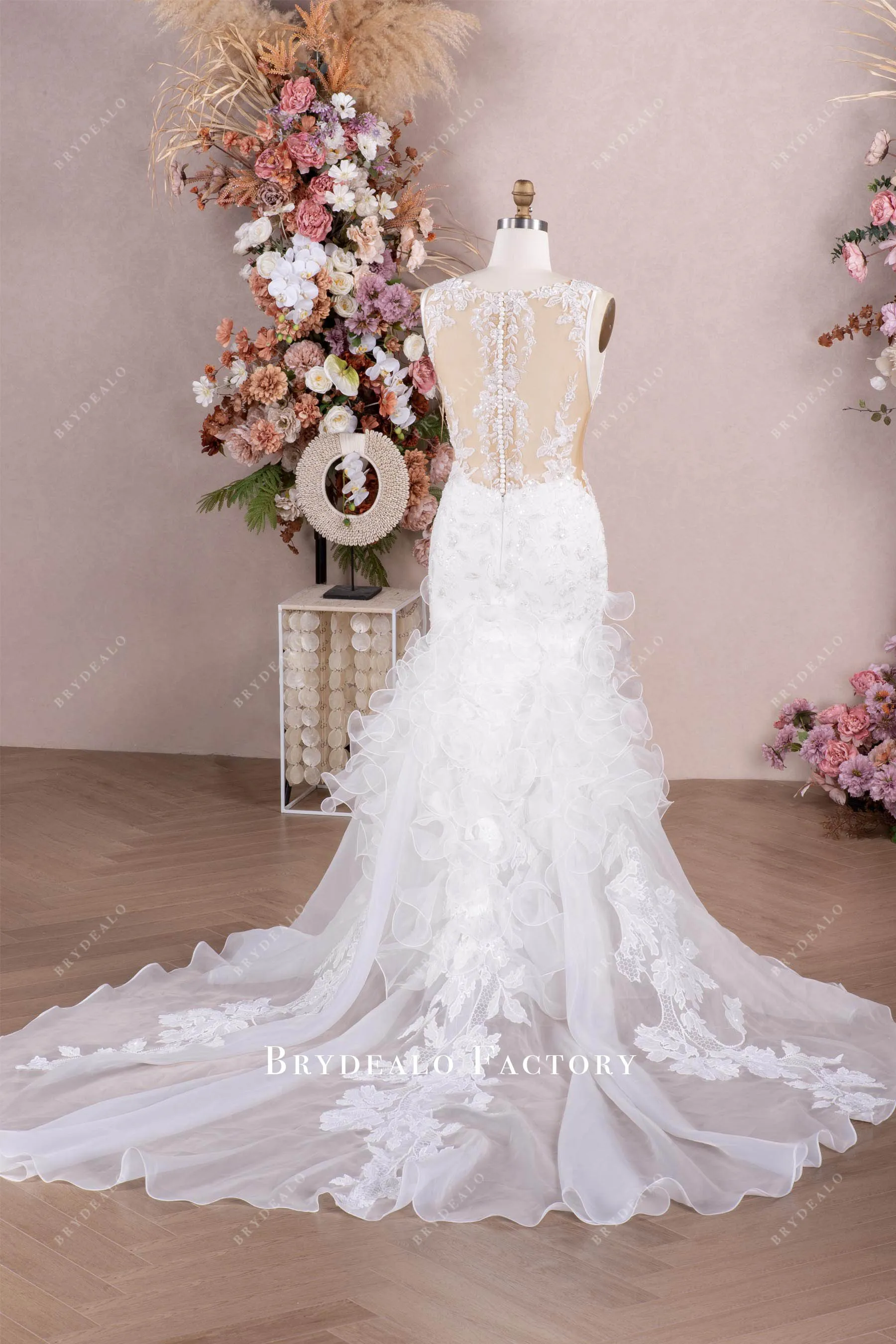 AI-inspired Beaded Lace Cutout Organza Ruffled Wedding Dress