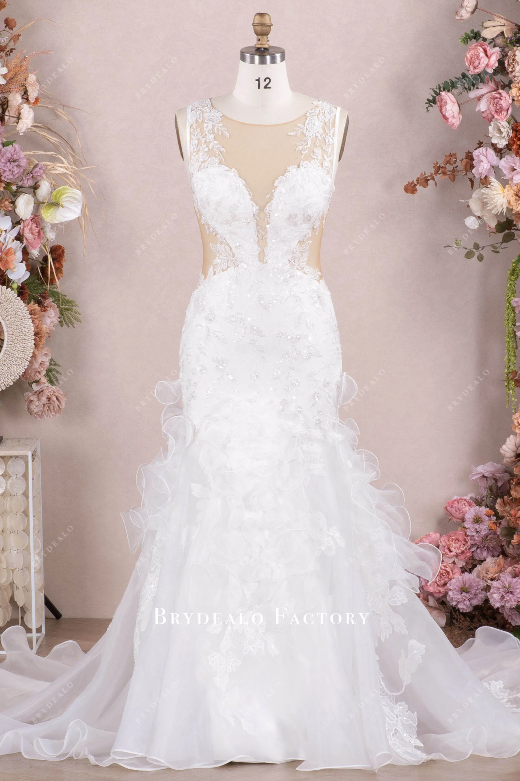 AI-inspired Beaded Lace Cutout Organza Ruffled Wedding Dress