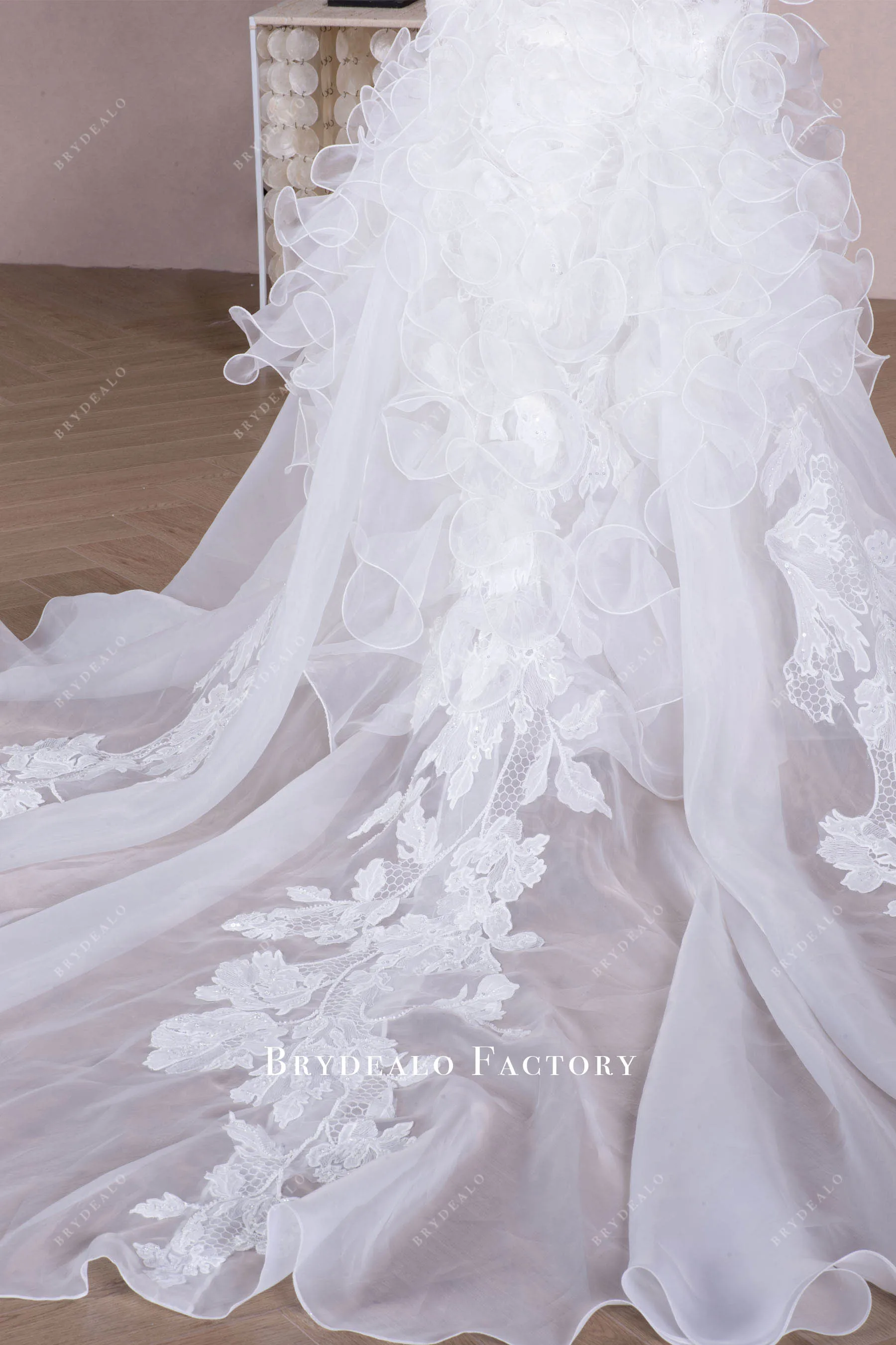 AI-inspired Beaded Lace Cutout Organza Ruffled Wedding Dress