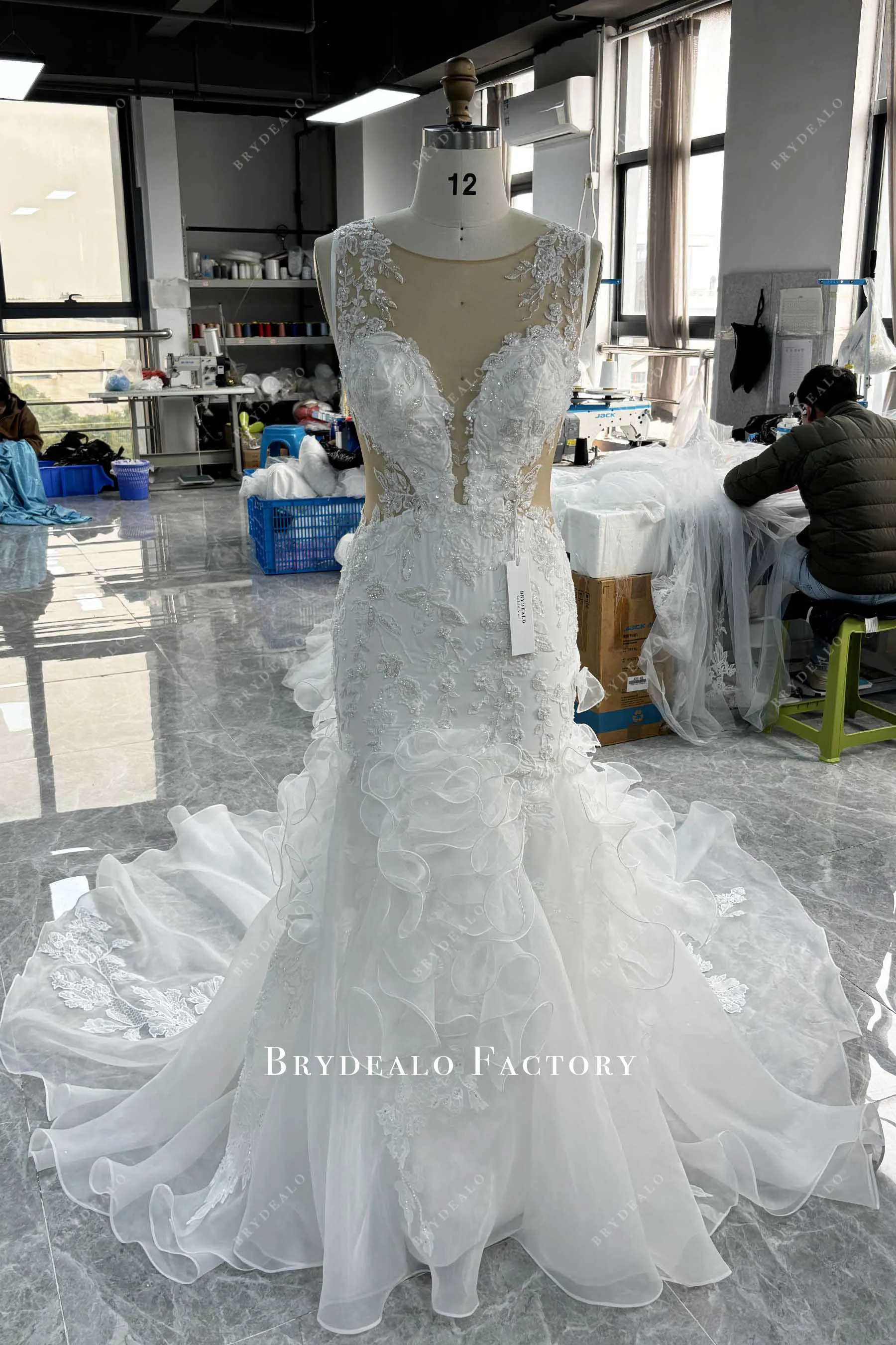 AI-inspired Beaded Lace Cutout Organza Ruffled Wedding Dress
