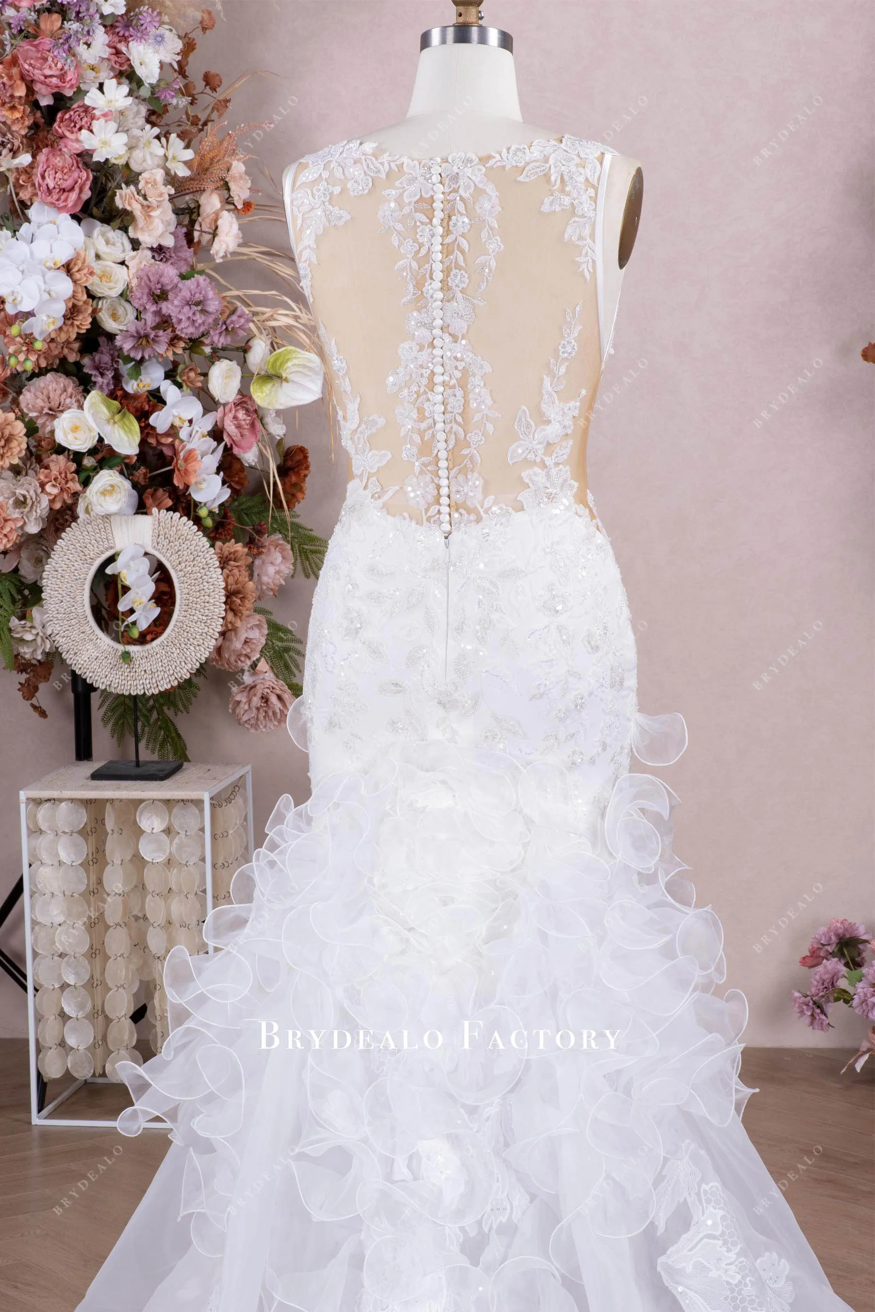 AI-inspired Beaded Lace Cutout Organza Ruffled Wedding Dress