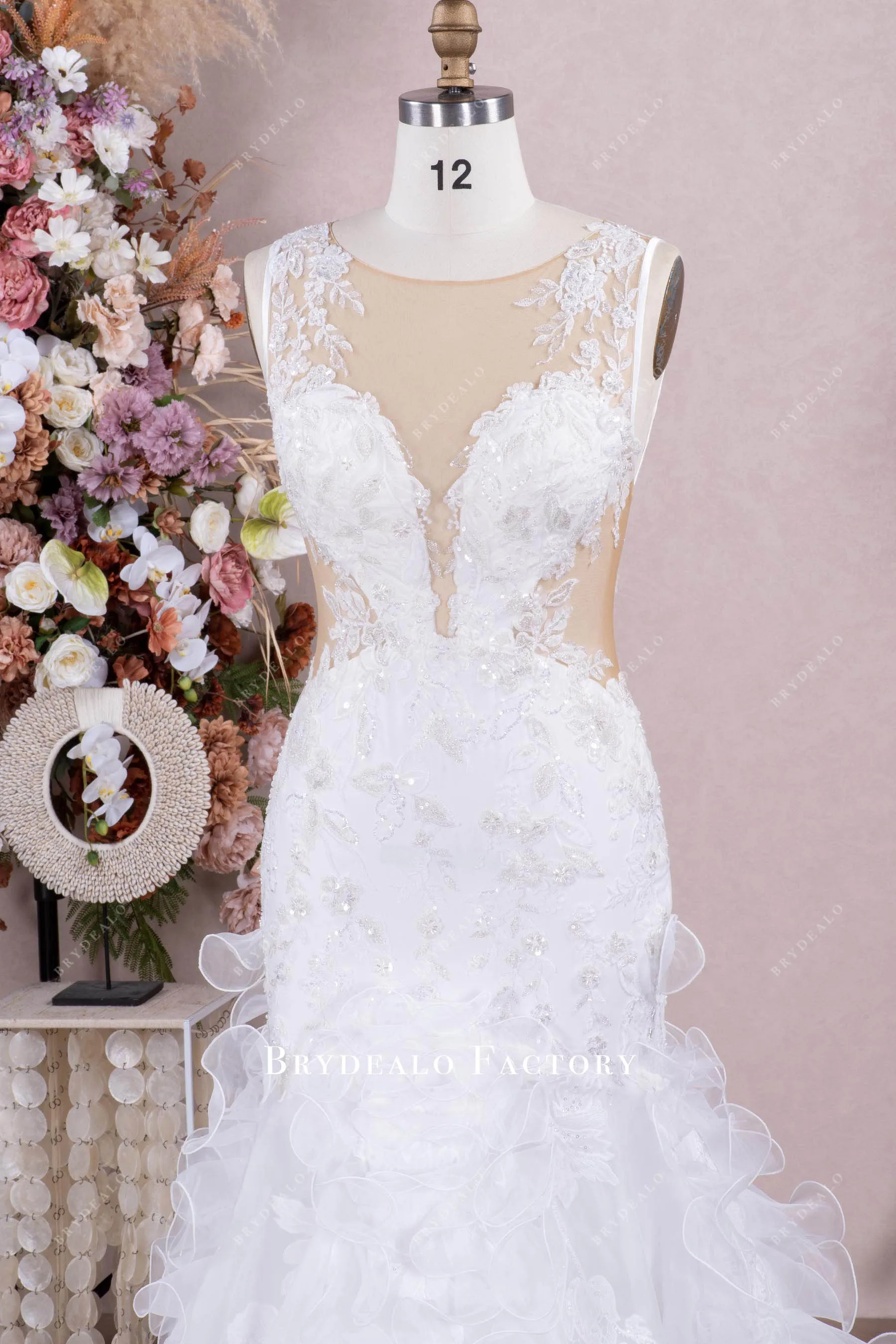 AI-inspired Beaded Lace Cutout Organza Ruffled Wedding Dress