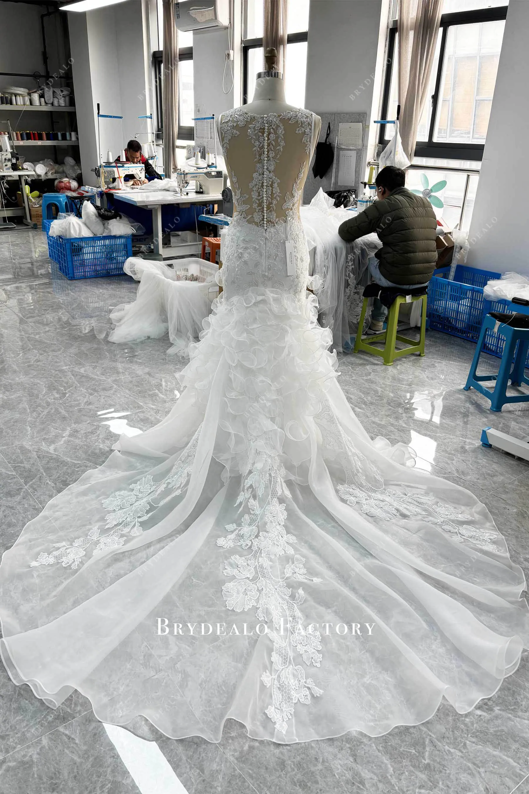 AI-inspired Beaded Lace Cutout Organza Ruffled Wedding Dress