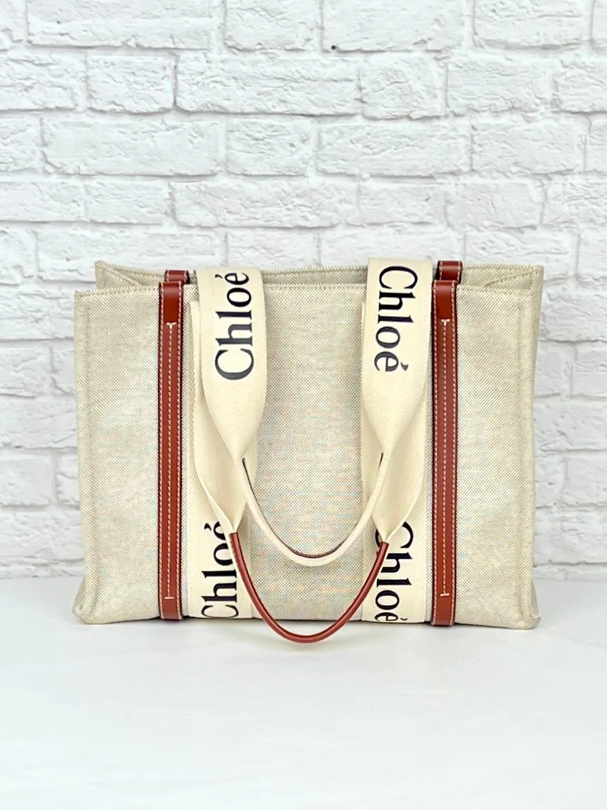 Chloe Woody Linen Tote, White/Brown