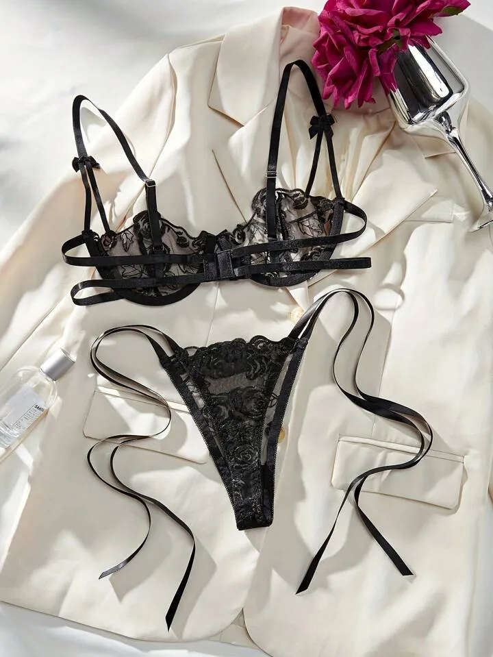 Classy Black Lingerie Sheer Embroidery Bra and Panty Set
