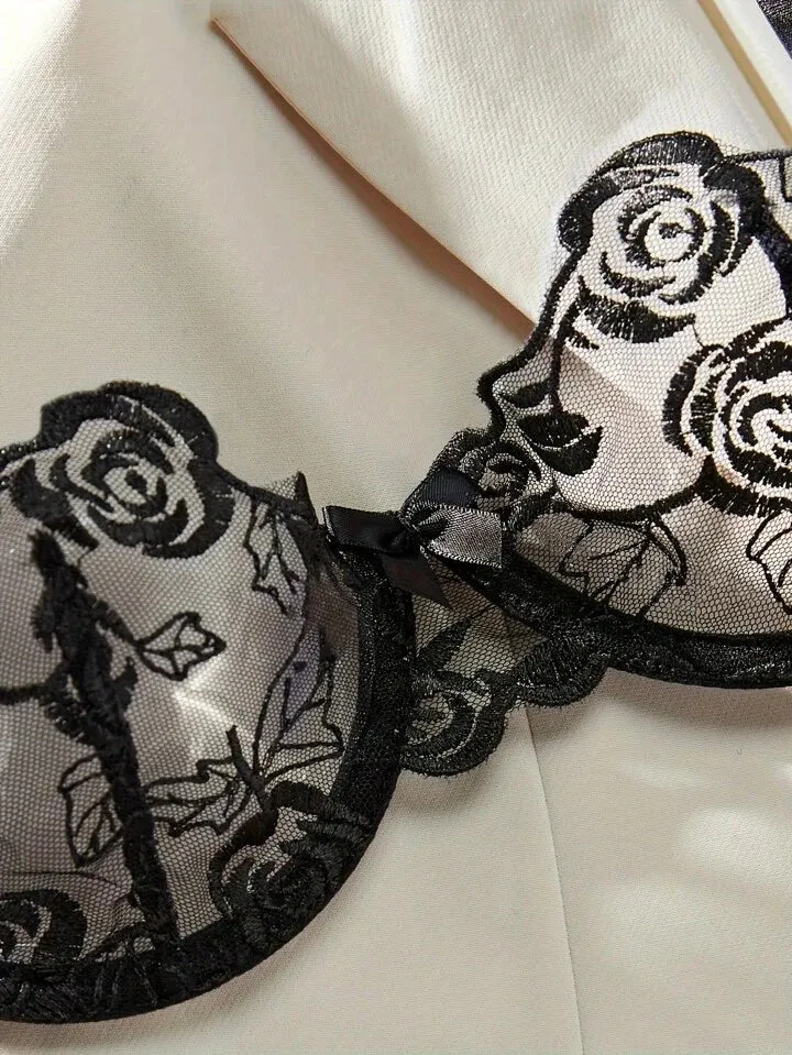 Classy Black Lingerie Sheer Embroidery Bra and Panty Set