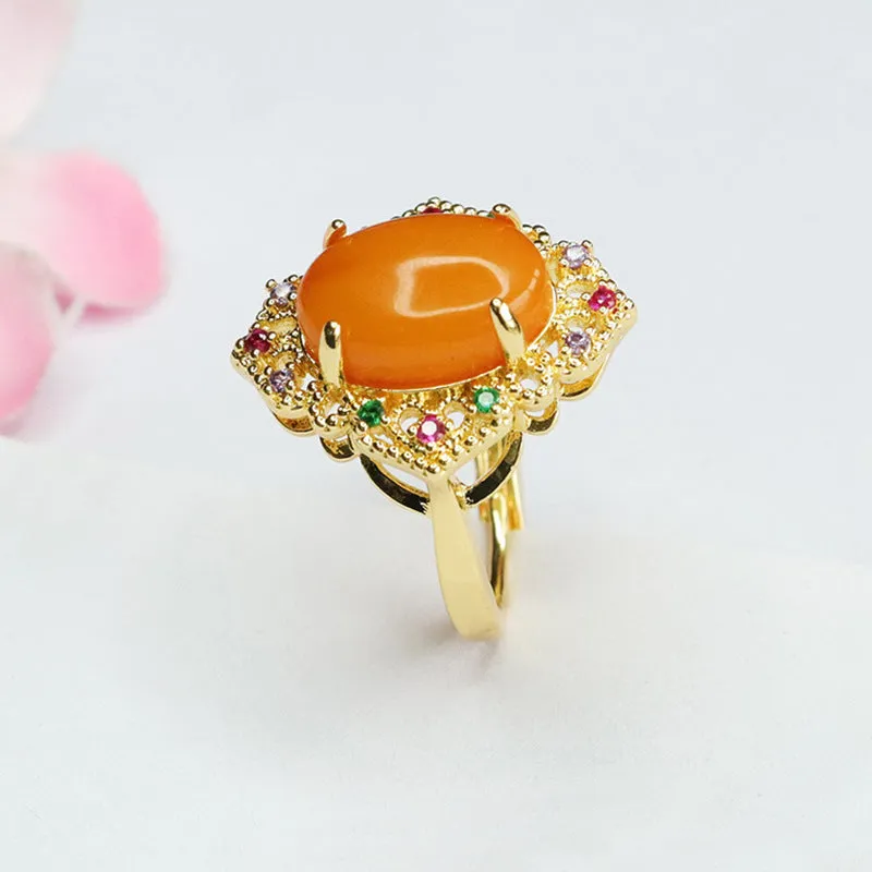 Colorful Zircon Ruyi Ring Needle Sterling Silver Beeswax Amber Ring