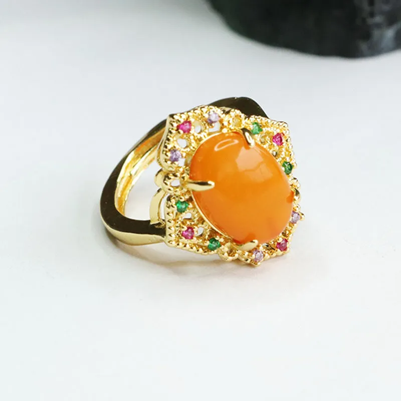 Colorful Zircon Ruyi Ring Needle Sterling Silver Beeswax Amber Ring