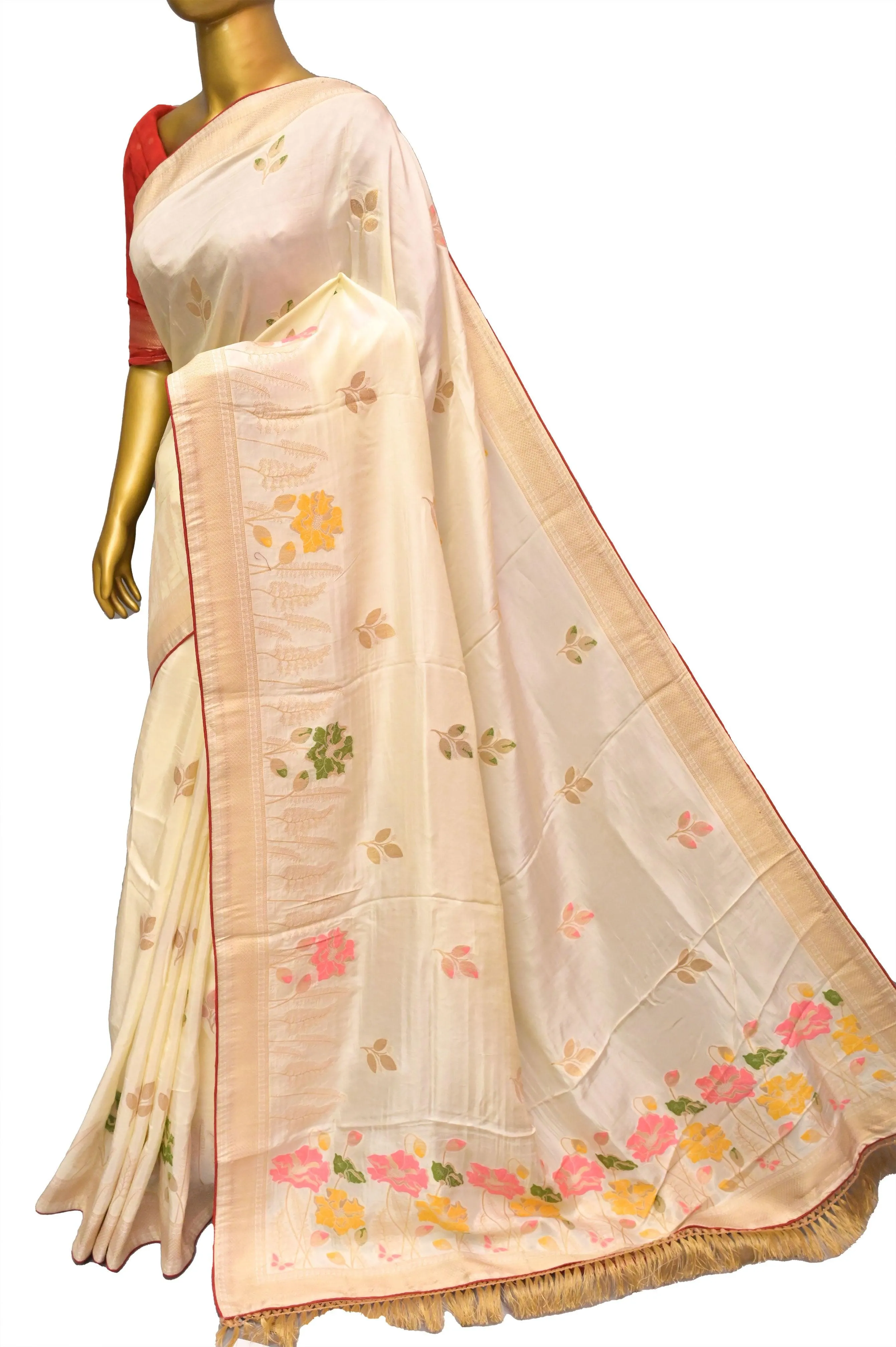 Cream White Color Muga Banarasi Saree with Meenakari Buta and Golden Zari Piping Border
