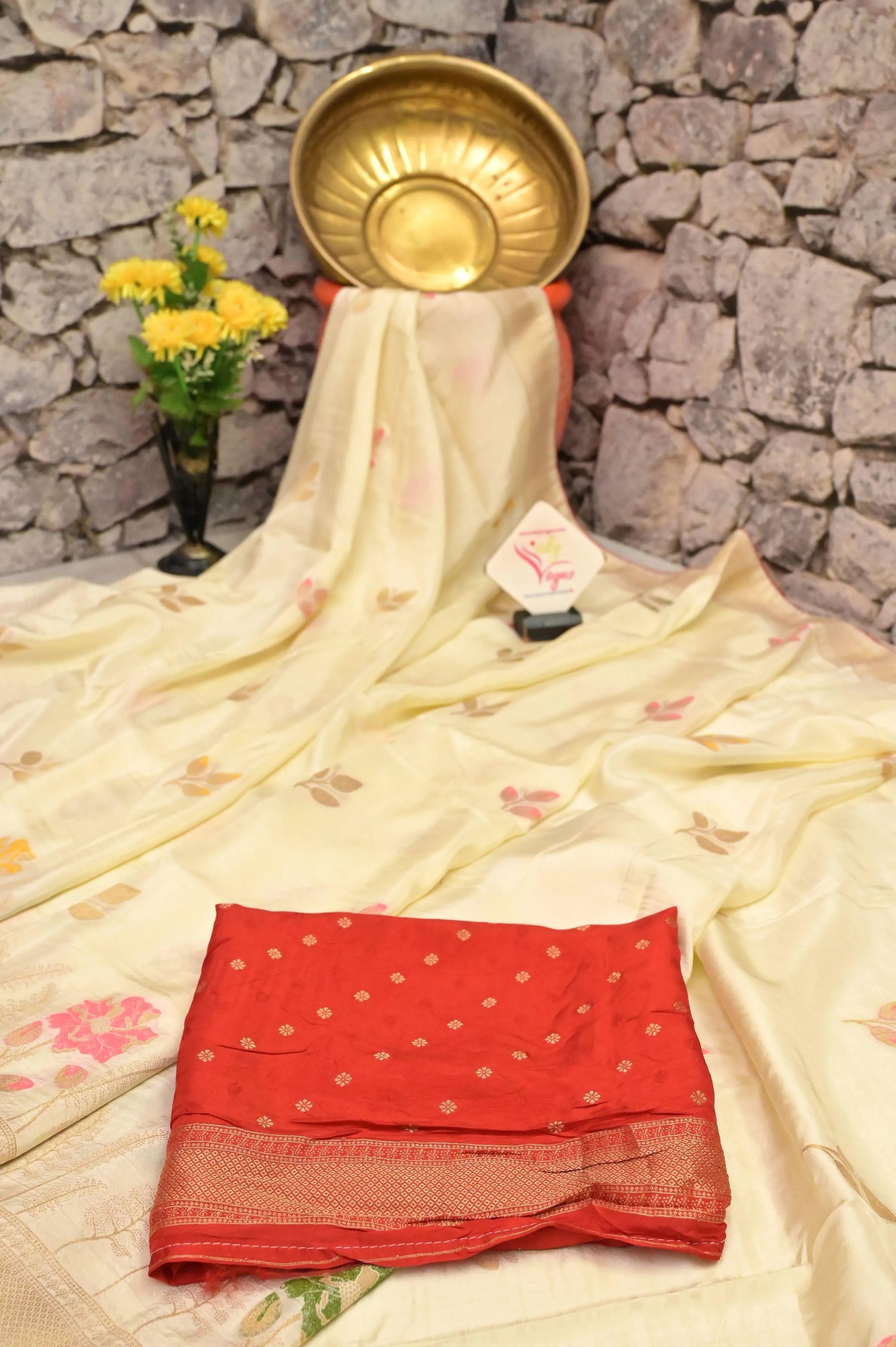 Cream White Color Muga Banarasi Saree with Meenakari Buta and Golden Zari Piping Border