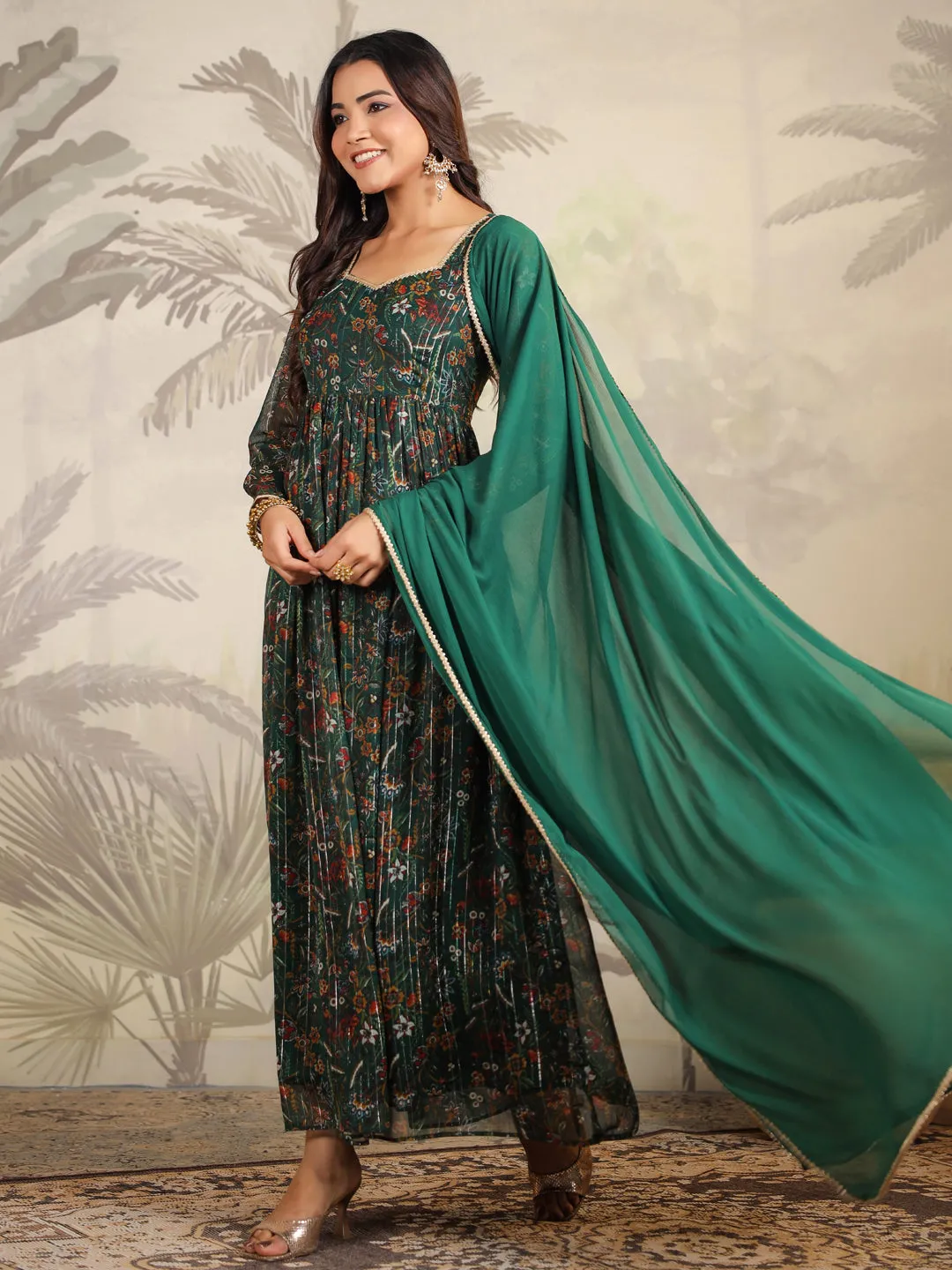 Dark Green Chiffon Floral Printed Anarkali Kurta with Dupatta Set