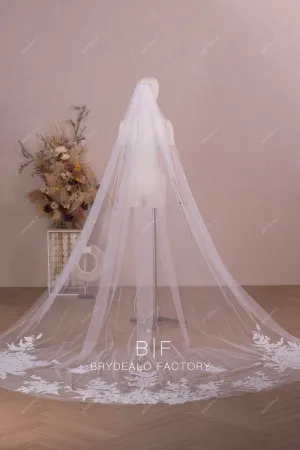 Designer Flower Lace Single Tier Royal Length Wedding Veil