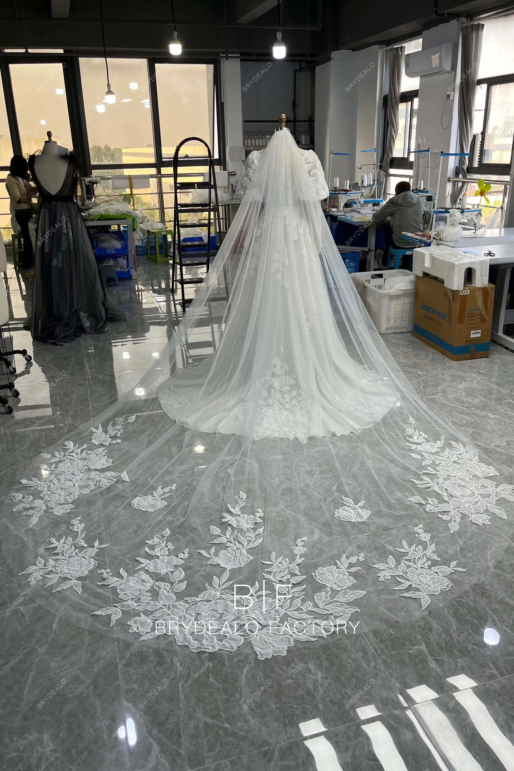Designer Flower Lace Single Tier Royal Length Wedding Veil