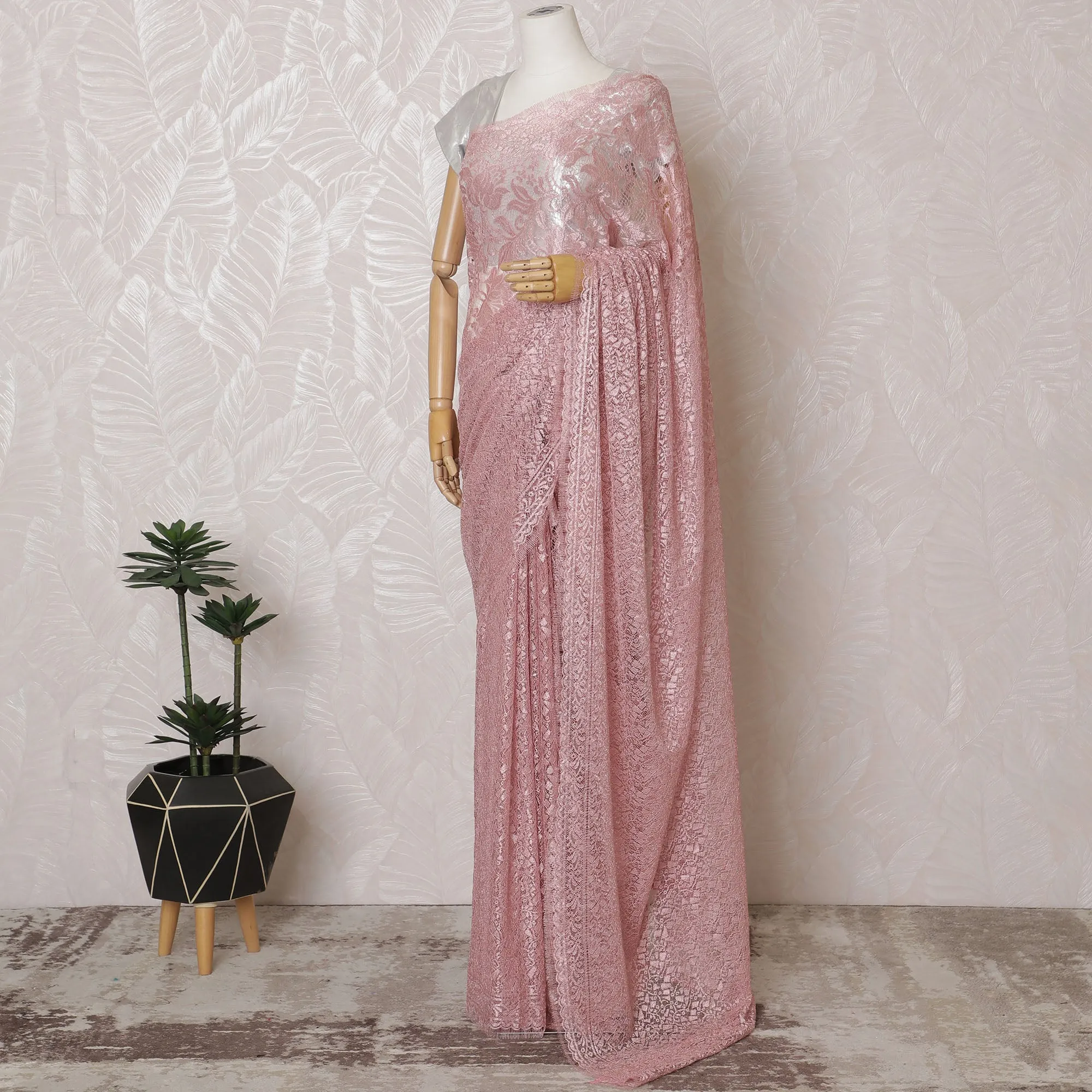Elegant French Metallic Chantilly Lace Fabric - Blush Pink Floral Design, 110 cm Width, 5.5 Meters-D19454