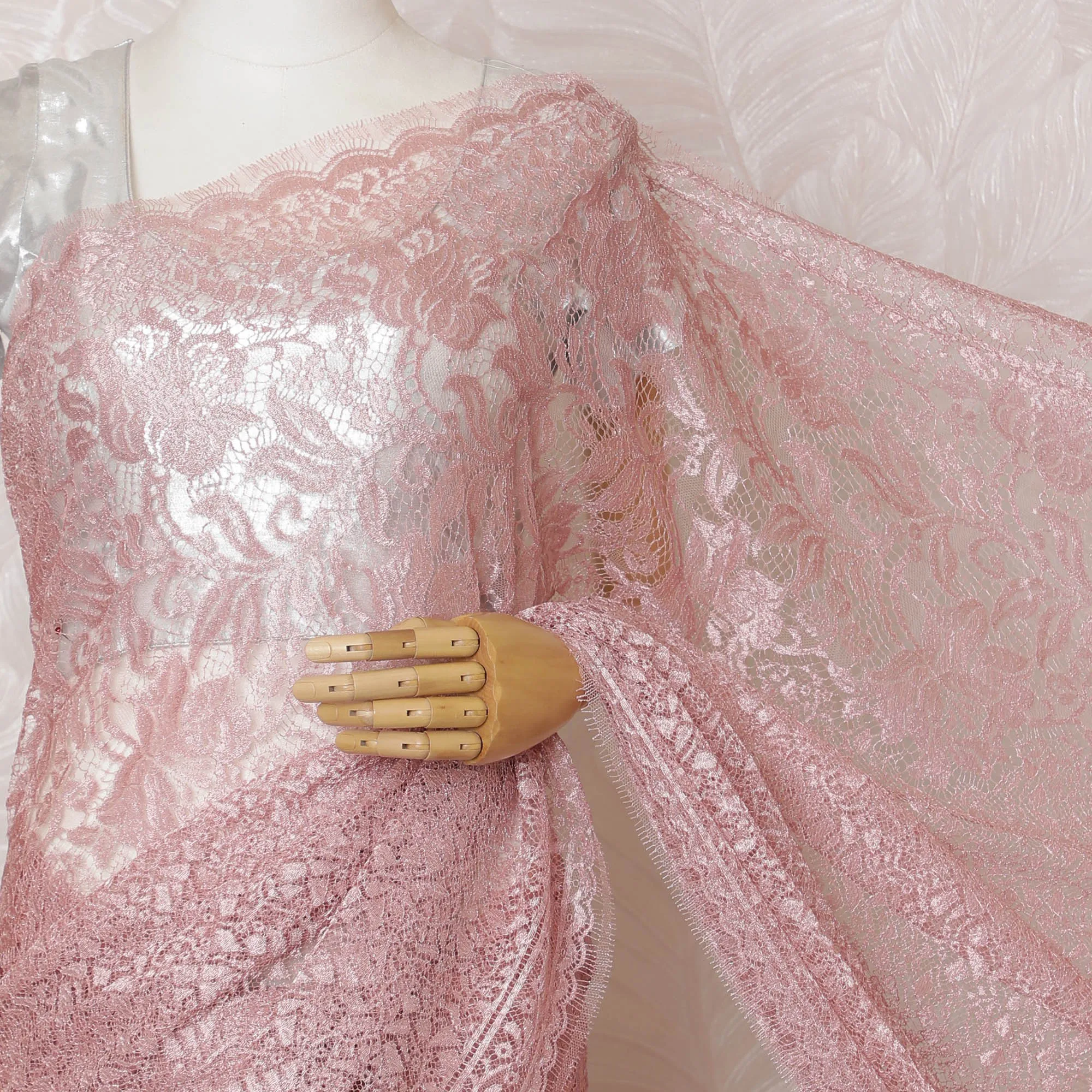 Elegant French Metallic Chantilly Lace Fabric - Blush Pink Floral Design, 110 cm Width, 5.5 Meters-D19454