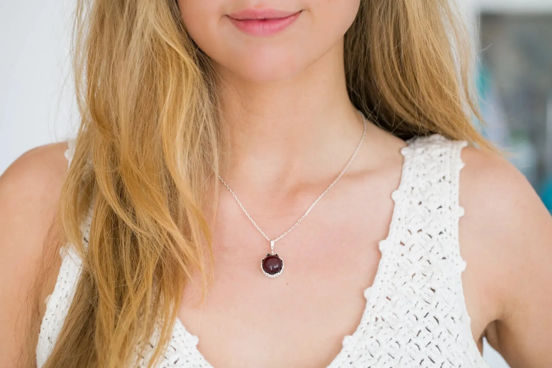 Elegant Red Princess Crown Amber Pendant - Sterling Silver, Cherry Red Baltic Amber