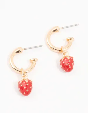 Gold Enamel Strawberry Huggie Earrings