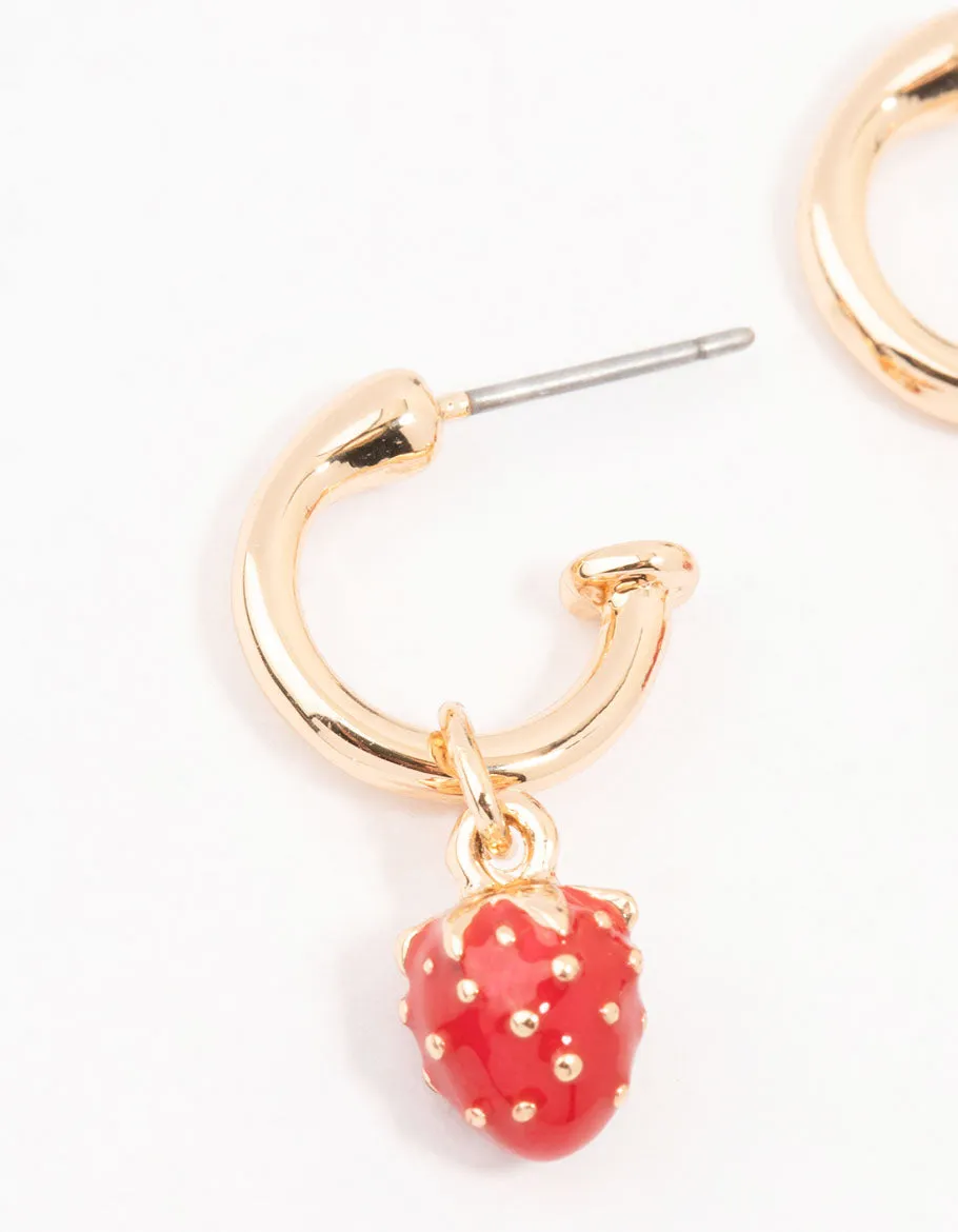 Gold Enamel Strawberry Huggie Earrings