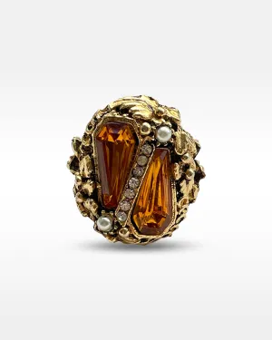 Gold Metal, Amber and Clear Rhinestone and Faux Pearl Ring