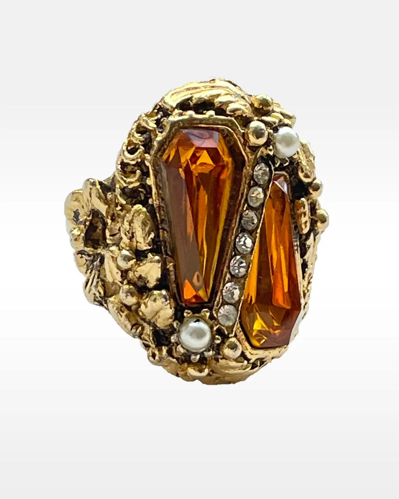 Gold Metal, Amber and Clear Rhinestone and Faux Pearl Ring
