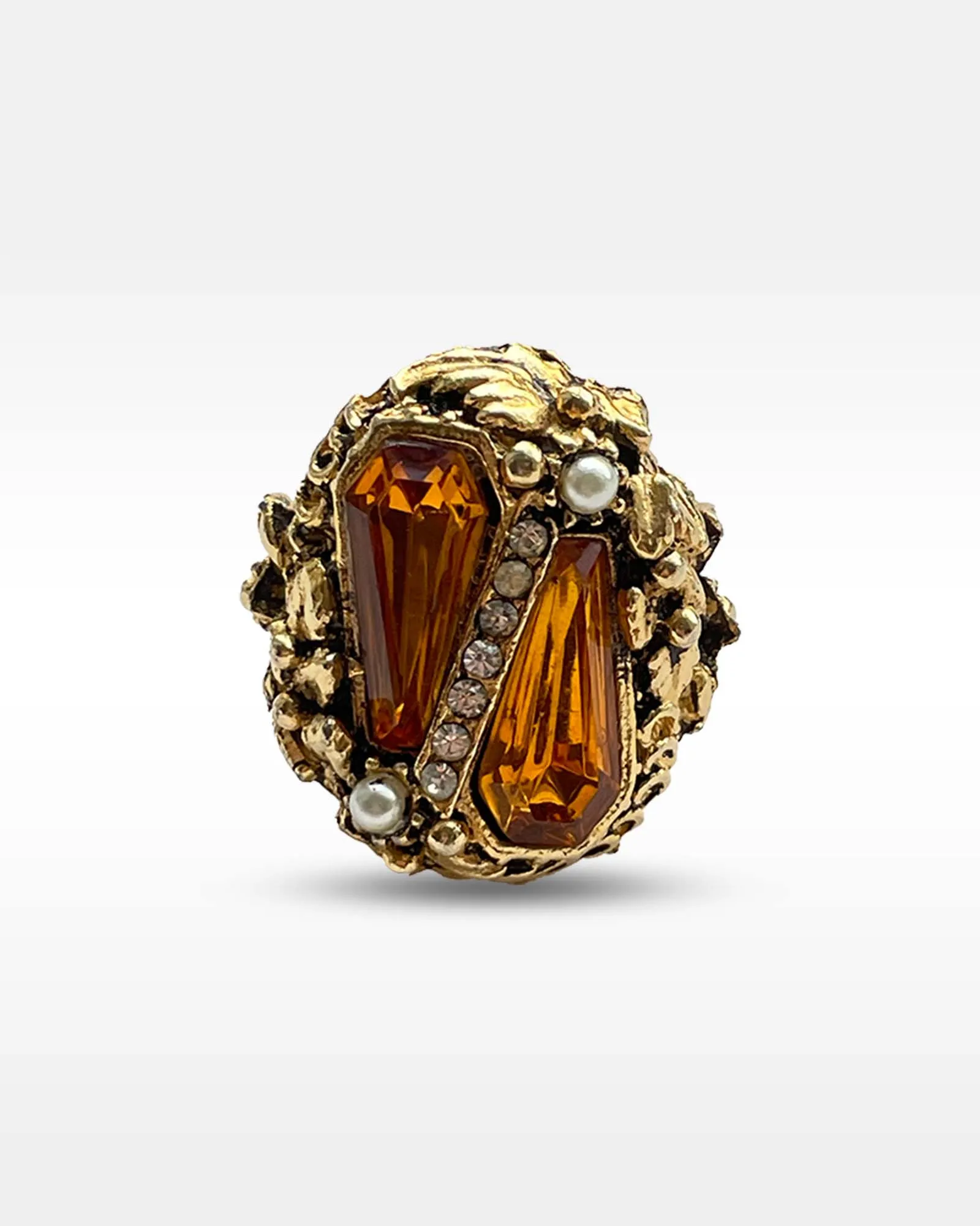 Gold Metal, Amber and Clear Rhinestone and Faux Pearl Ring