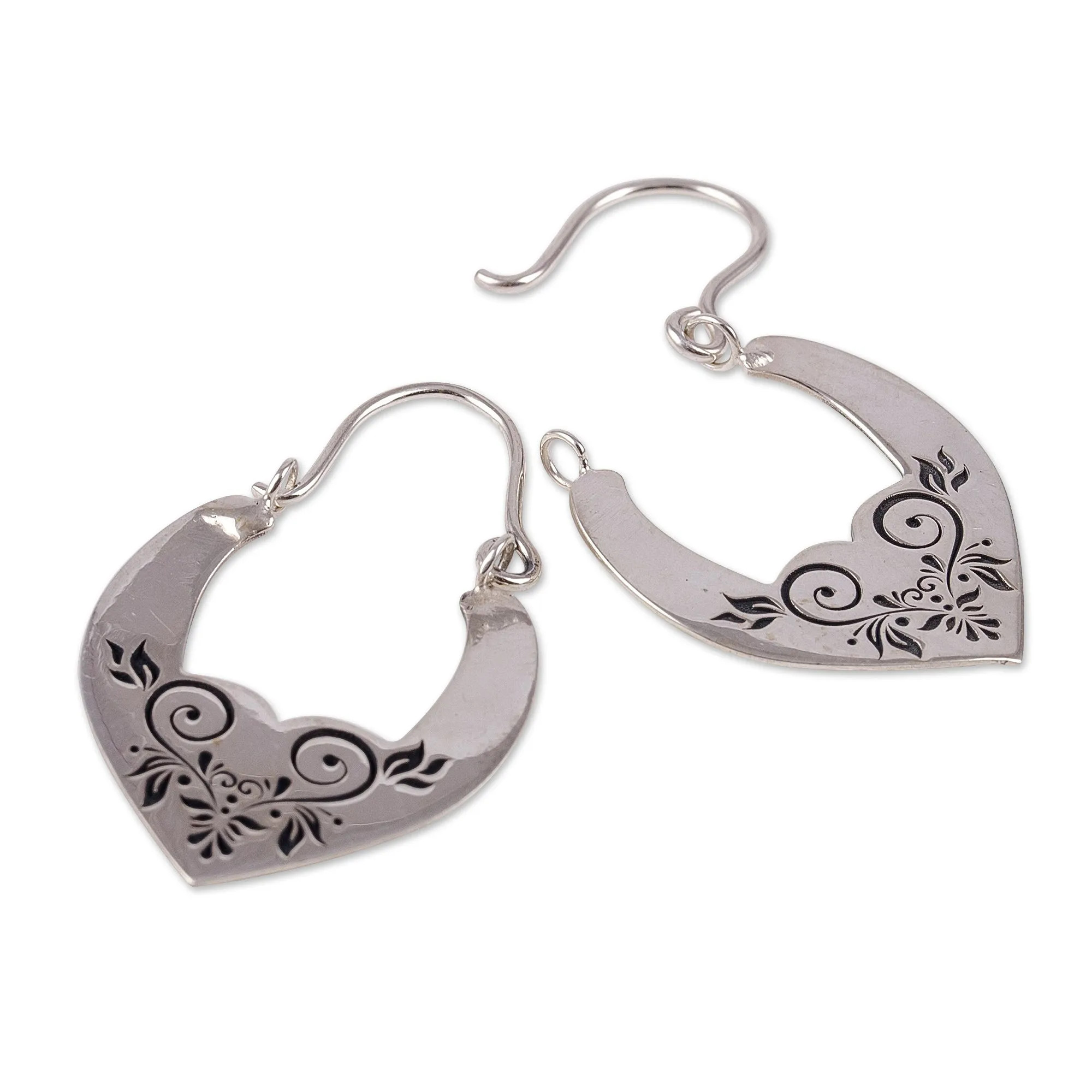 High-Polished Romantic Floral Sterling Silver Hoop Earrings - Beauty at Heart | NOVICA