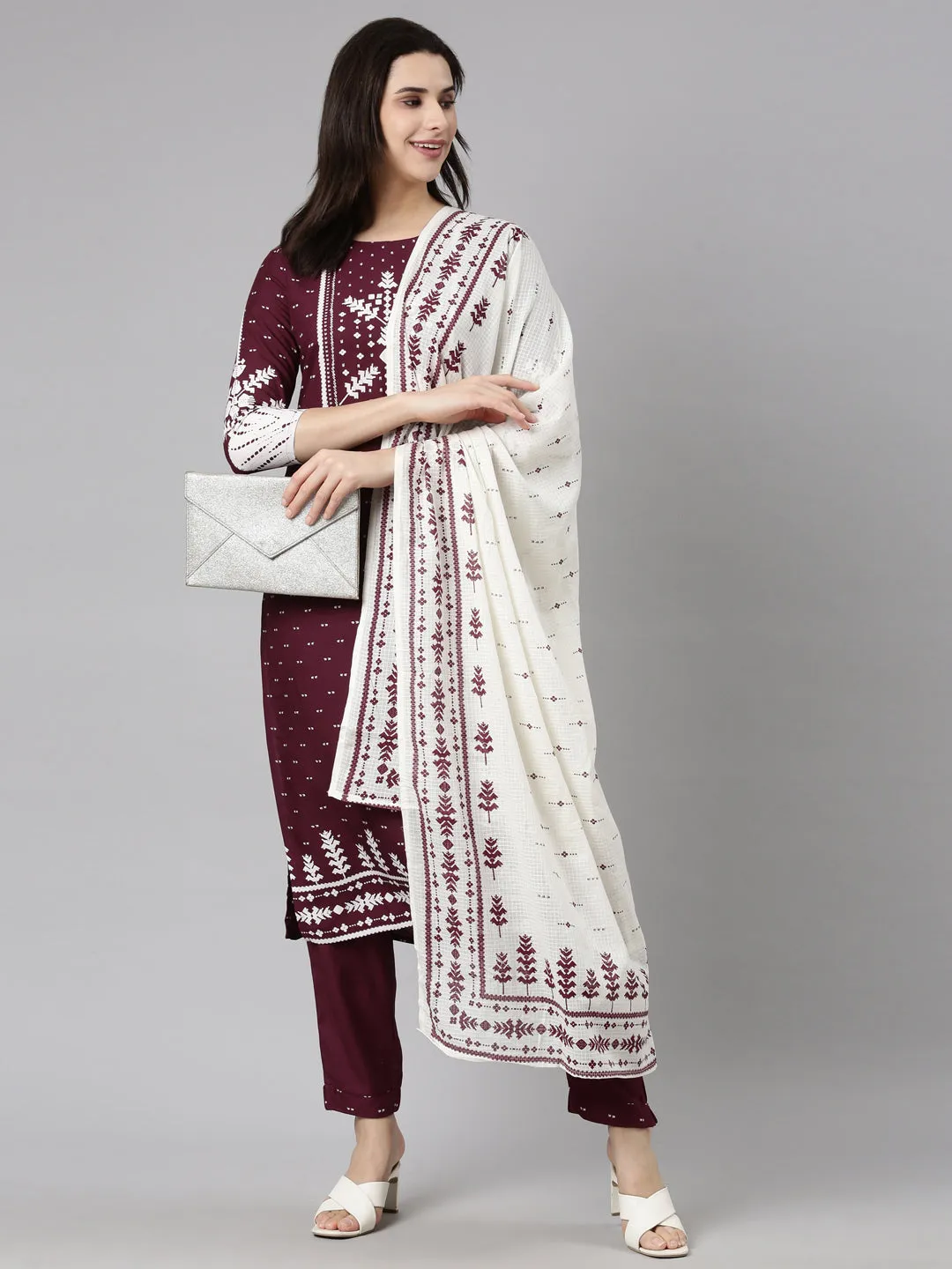 Neerus Purple Regular Straight Floral Kurta And  Trousers With Dupatta