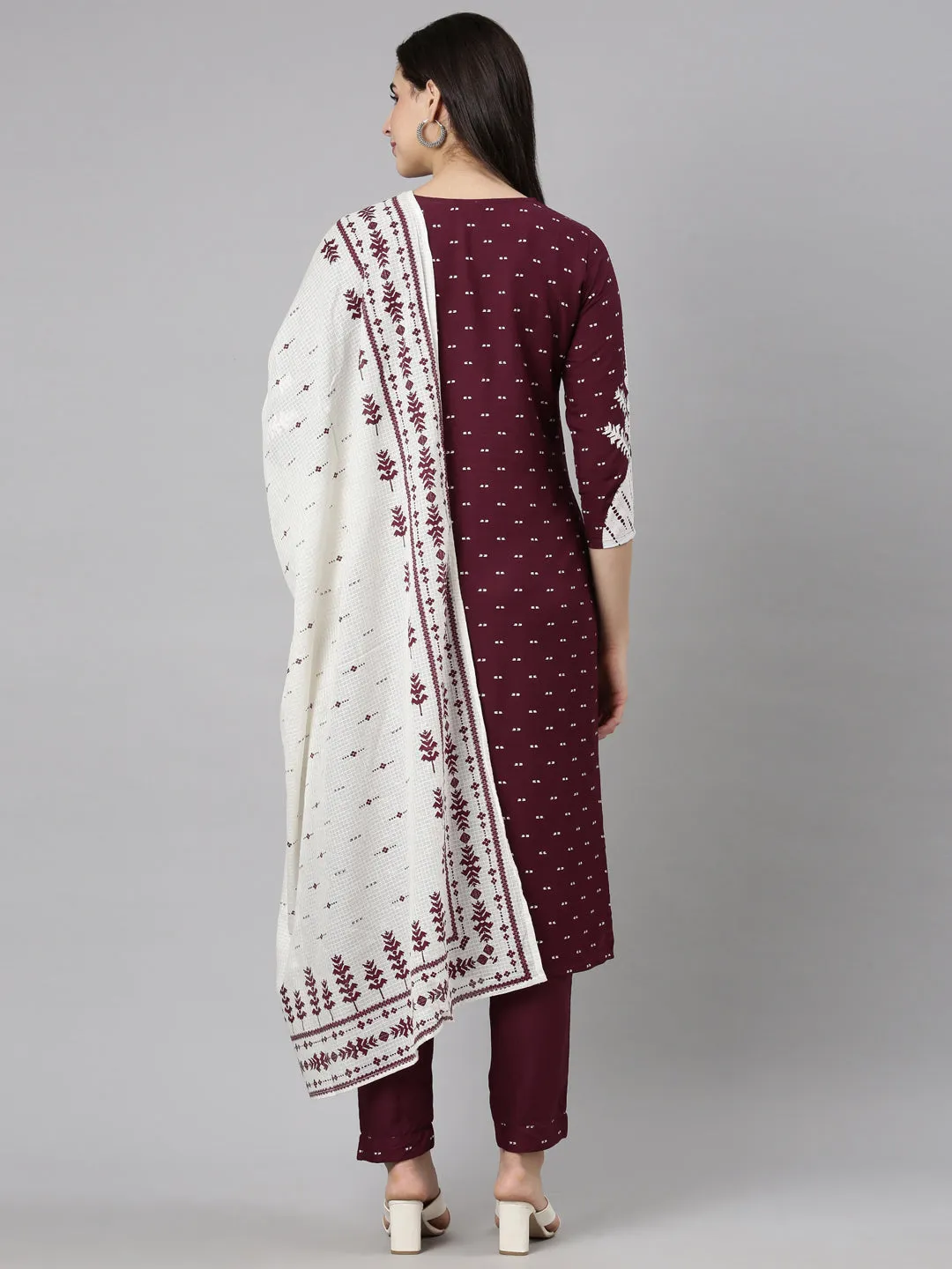 Neerus Purple Regular Straight Floral Kurta And  Trousers With Dupatta