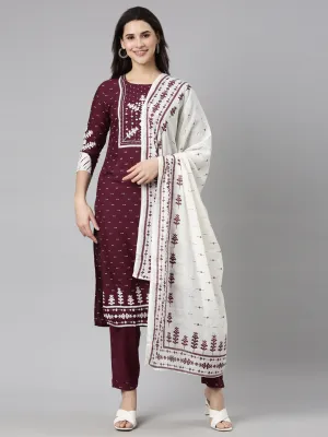 Neerus Purple Regular Straight Floral Kurta And  Trousers With Dupatta