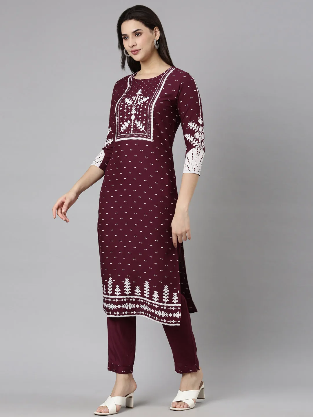 Neerus Purple Regular Straight Floral Kurta And  Trousers With Dupatta