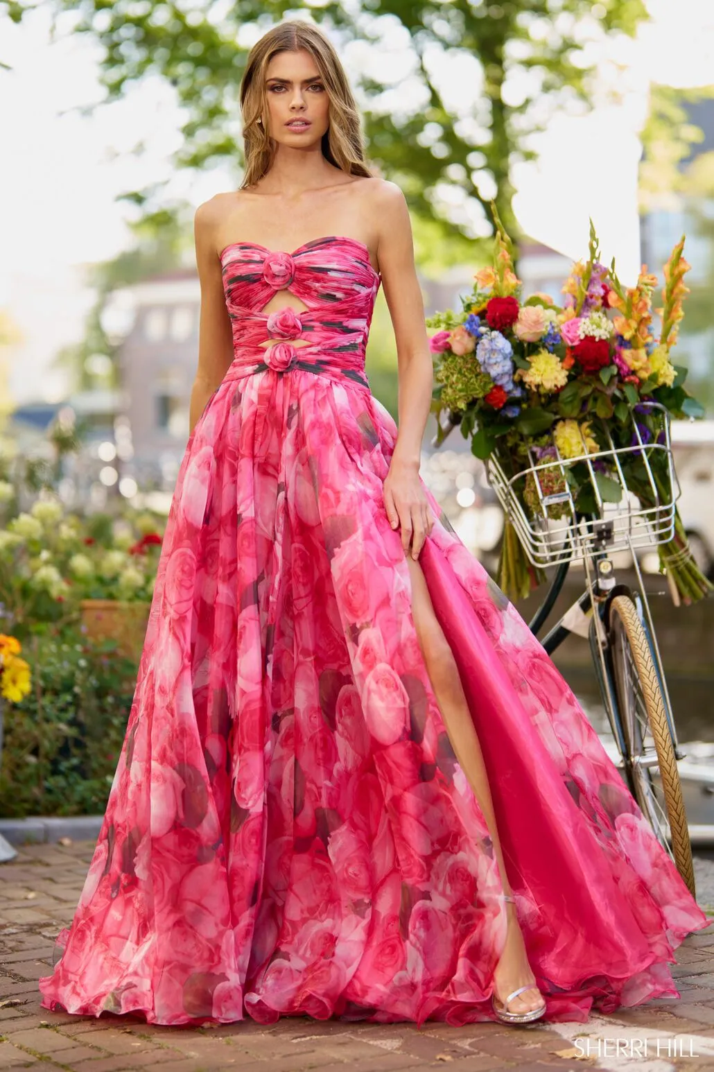Sherri Hill - 56241: Floral A-Line Dress with Rosette Embellishments
