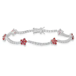 Sterling Silver 7.25" CZ Pink Sapphire Floral Station Tennis Bracelet