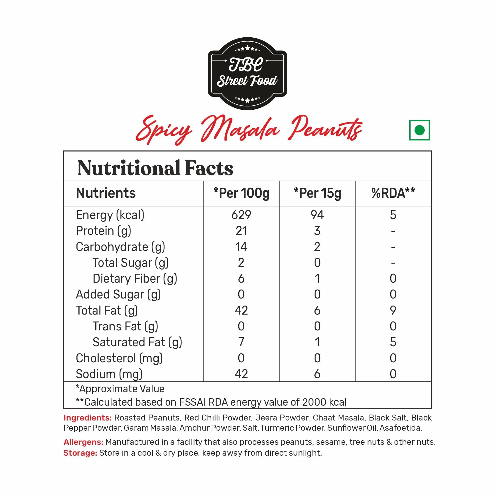 The Butternut Co. Spicy Masala Roasted Peanuts, High Protein Healthy & Tasty Namkeen Snacks, Classic and Nutritious Crunchy Moongphali Dana - 50g (Pack of 6)